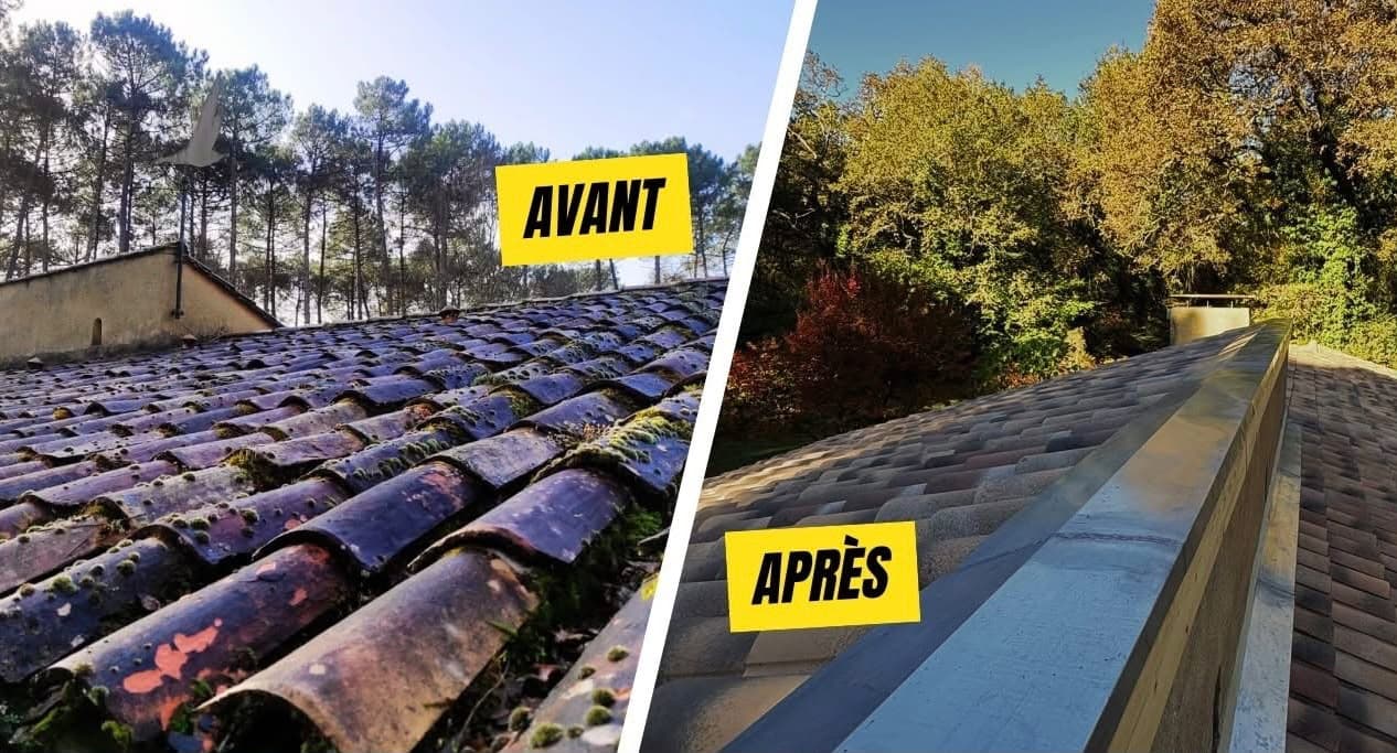Toiture avant et après démoussage et traitement hydrofuge, maison en forêt landaise