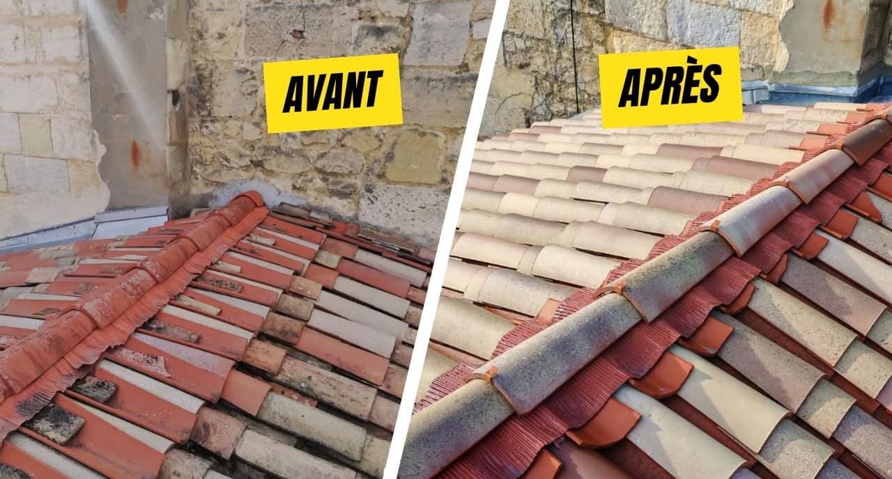 Toiture avant et après nettoyage haute pression contre un mur en pierre basque