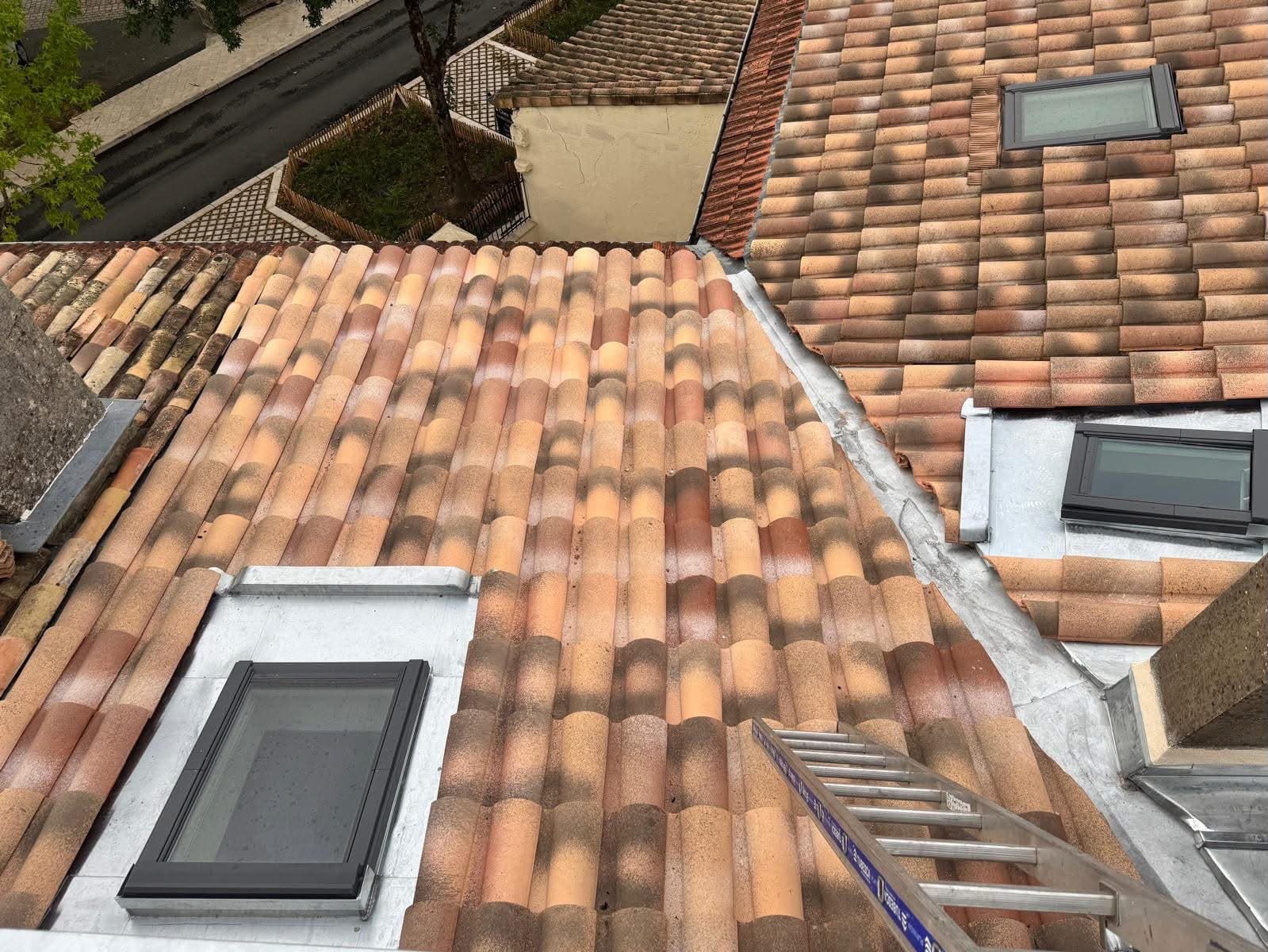 Vue aérienne de plusieurs fenêtres de toit Velux intégrées en toiture